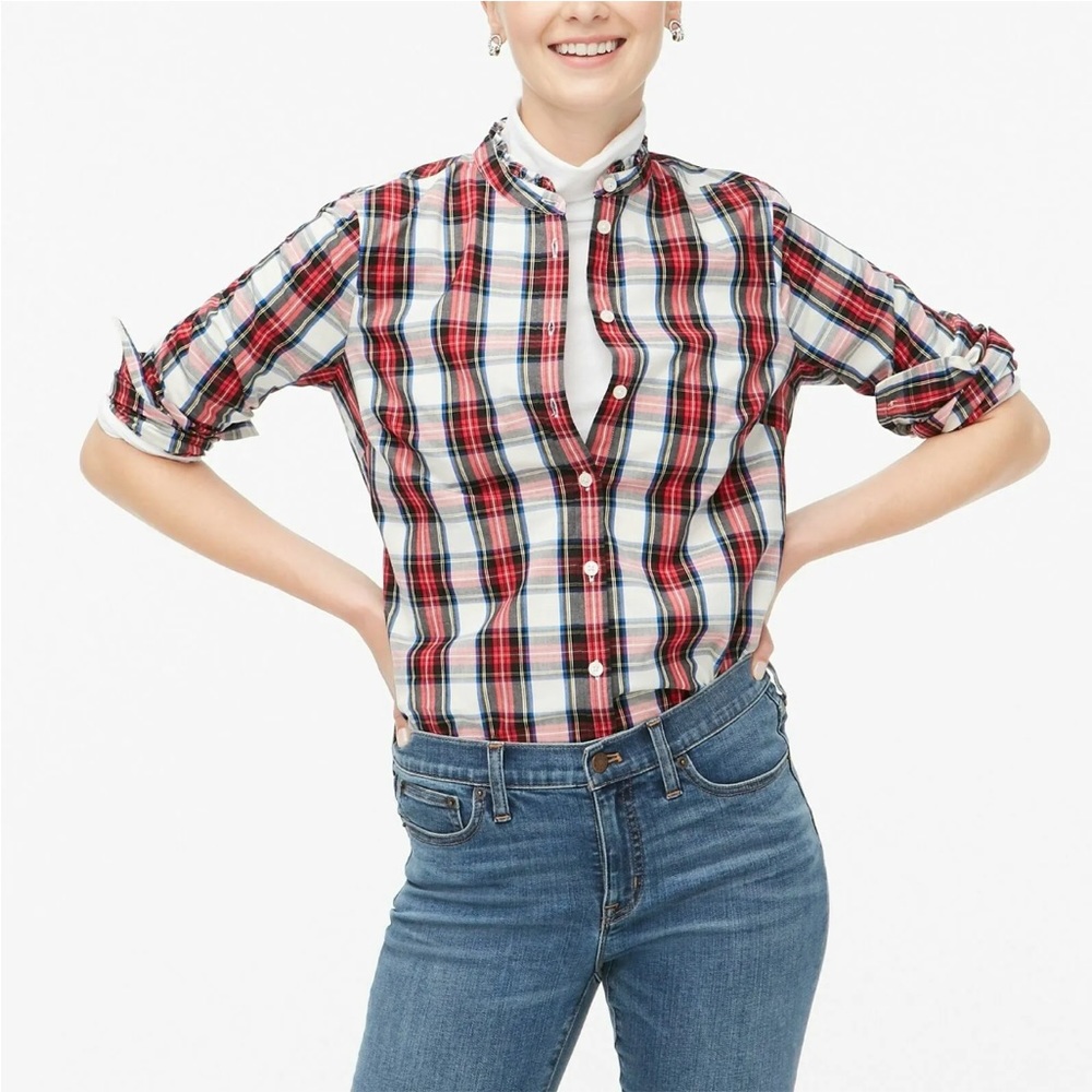 J Crew Tartan Plaid Button Front Blouse w Micro-Ruffled Collar w MEASUREMENTS!